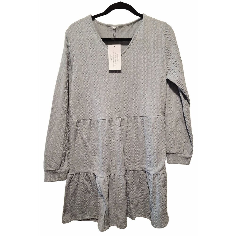 NEW Imily Bela Cable Knit Tiered Dress Light Aqua Long Sleeve Womens Large